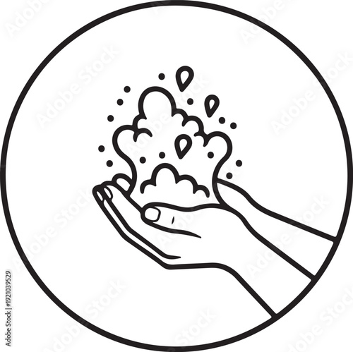 Hand Washing Icon with Soap Foam and Bubbles - Cleanliness, Hygiene, and Sanitization Line Art Illustratio