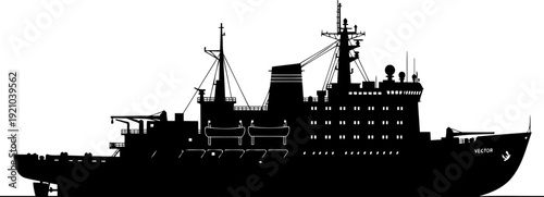 Large research vessel silhouette with complex equipment