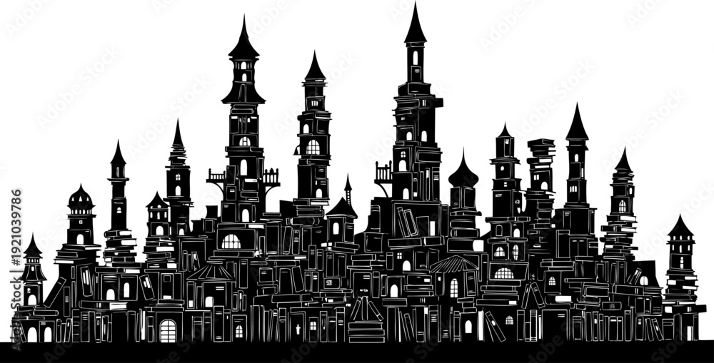 Fototapeta premium Medieval castle silhouette constructed from stacked books