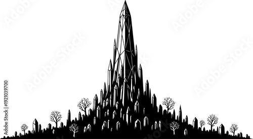 Majestic crystal mountain spire silhouette in a fantasy landscape