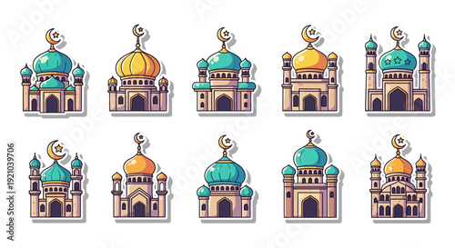 Collection of colorful cartoon mosque illustrations with various architectural designs, domes, and minarets, depicting Islamic places of worship.