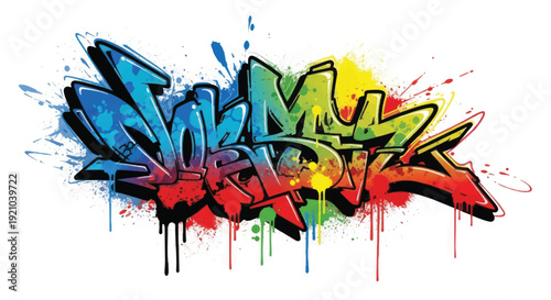 Colorful graffiti artwork with bold street lettering and dripping paint on white wall.