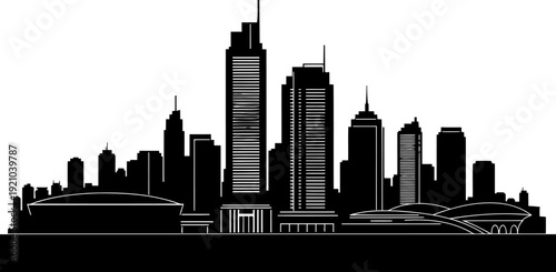 Melbourne city skyline silhouette with eureka tower and stadium