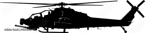 Military attack helicopter silhouette flying in side profile