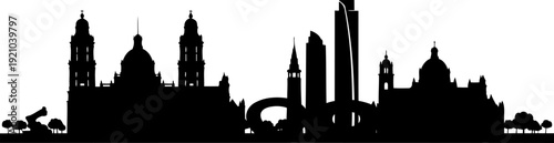 Mexico city skyline silhouette showing the metropolitan cathedral and skyscrapers