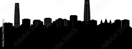 Modern urban skyline silhouette featuring a tall tapered skyscraper