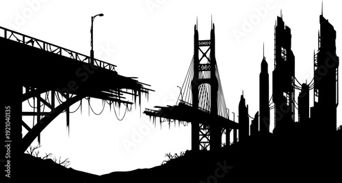 Post-apocalyptic ruined bridge silhouette with destroyed city background