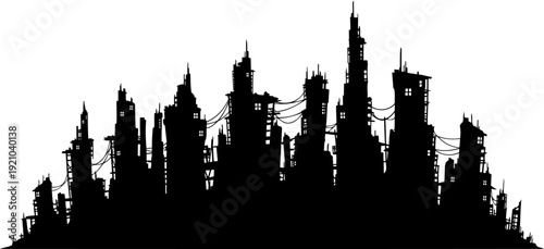 Post-apocalyptic ruined city skyline silhouette with destroyed buildings