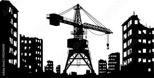 Post-apocalyptic city ruins silhouette with an industrial crane