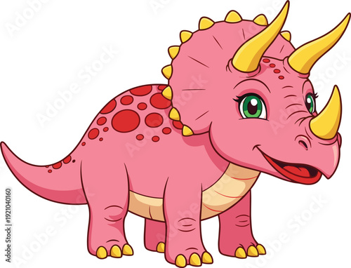 Cartoon triceratops vector illustration, cute dinosaur character design, prehistoric animal artwork, funny mascot drawing, playful pink dinosaur art, cad drawing flat vector illustration