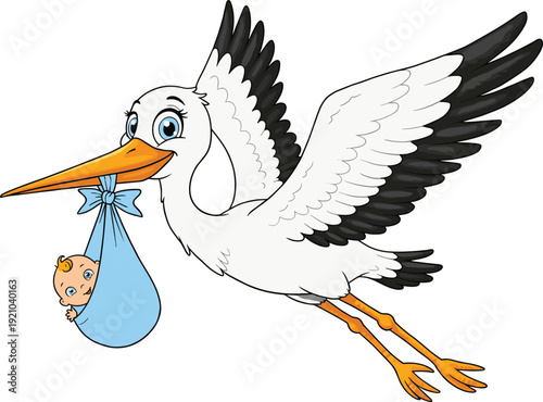 Cartoon stork flying with baby bundle, folklore childbirth symbol, cute newborn delivery illustration, whimsical parenting art, cad drawing flat vector illustration