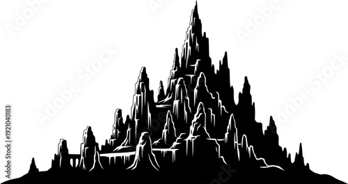 Rocky fantasy fortress silhouette with tall spires on a mountain