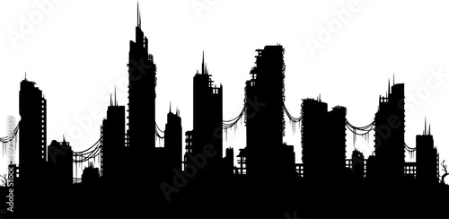 Post apocalyptic ruined city skyline silhouette with destroyed buildings