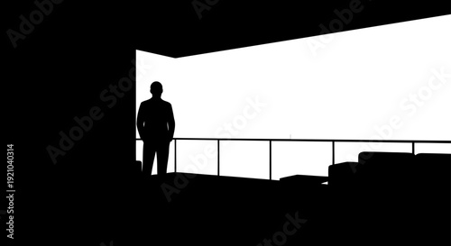 Silhouette of a businessman standing on a balcony overlooking a vast open space