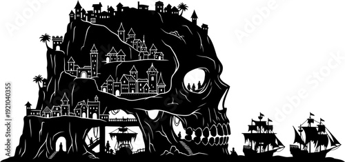 Skull shaped island harboring a pirate town and ships