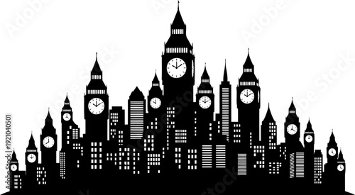 Surreal london cityscape featuring multiple big ben clock towers silhouette