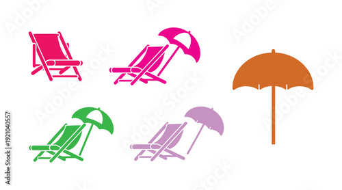 Icon set illustration featuring beach chairs. Vector sign and symbol of a deckchair with an umbrella.

