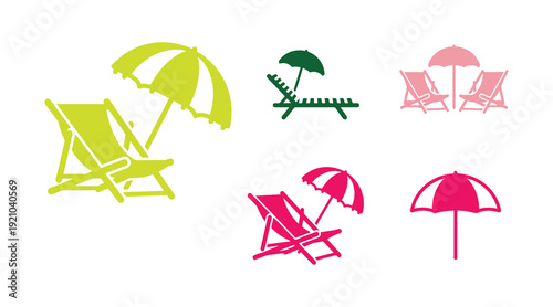 Illustrated set of beach chair icons. Symbol and vector sign of a deckchair with an umbrella.

