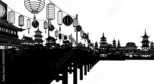 Traditional asian street silhouette with pagodas and hanging lanterns