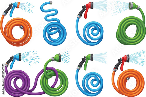 Colorful garden hoses with spray nozzles, water patterns, coiled designs, outdoor irrigation tools, flexible hose types, cad drawing flat vector illustration