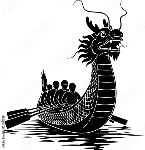Traditional dragon boat racing illustration with rowers in action