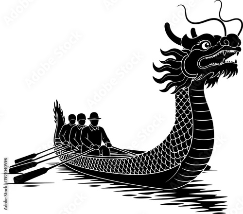 Traditional dragon boat silhouette with rowers and dragon head