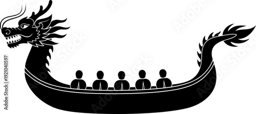 Traditional chinese dragon boat silhouette with crew rowing