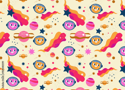 Seamless pattern with space cats, planets, and stars. Vector flat.  Adorable space adventure design for textile, wallpaper, or kids products. Fun childhood background.