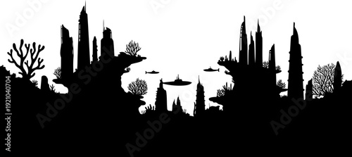 Underwater sci-fi city silhouette with coral-like towers and deep-sea submersibles