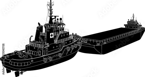 Tugboat pushing a large industrial cargo barge across open water