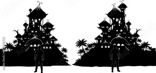 Tropical fantasy village silhouette with whimsical houses and palms