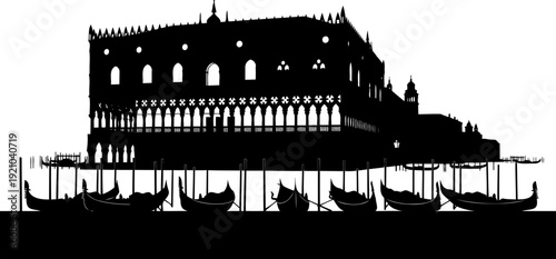 Venice doge palace silhouette with traditional gondolas in front
