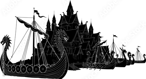 Viking longships docked at a traditional nordic village silhouette