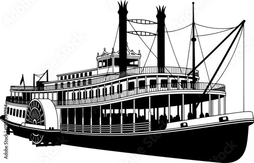 Vintage river steamboat silhouette with paddle wheel and smokestacks