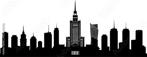 Warsaw city skyline silhouette featuring palace of culture and science