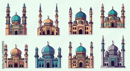 Collection of eight stylized cartoon mosques with domes and minarets in various colors and designs, representing Islamic architecture.
