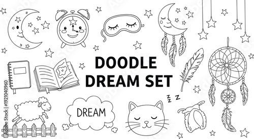 Dream Doodles Collection with Stars, Moon, Sheep, Dreamcatcher, Alarm Clock, and More for Sleep and Relaxation