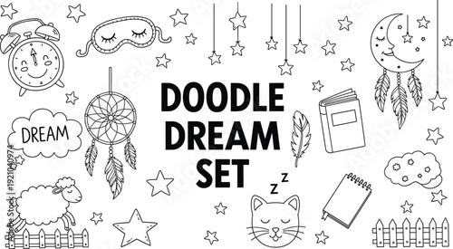 Doodle Dream Set with Stars, Moon, Dreamcatcher, Sheep, Alarm Clock, Cat, and Sleep Elements for Relaxing Sleep