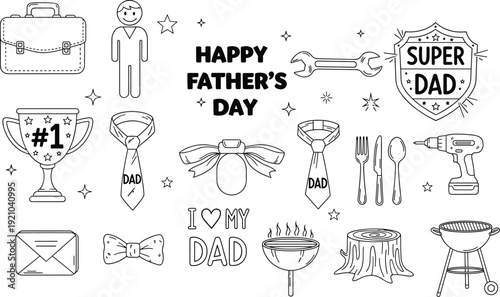 Happy Father's Day Illustration with Icons Including Trophy, Tools, Ties, BBQ Grill, and Super Dad Emblems