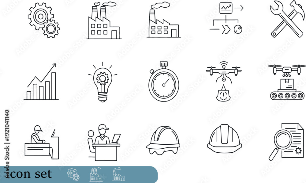 Fototapeta premium Print Industrial Manufacturing and Automation Icon Set Featuring Factory Production Smart Logistics Drone Delivery and Engineering Management Symbols