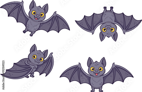 Set of Cute Cartoon Bat Characters in Different Poses Including Flying and Hanging Upside Down for Halloween Vector Illustration Design