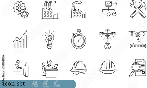 Print Industrial Manufacturing and Automation Icon Set Featuring Factory Production Smart Logistics Drone Delivery and Engineering Management Symbols