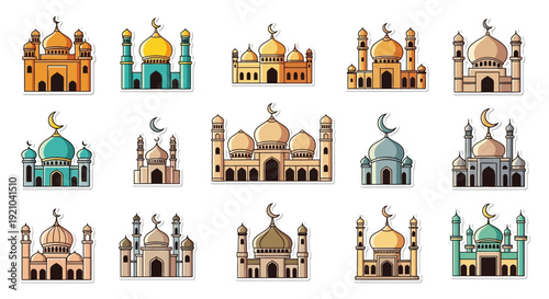 A collection of various cartoon-style mosque illustrations with domes and crescent moons, depicting Islamic architecture and religious symbols.