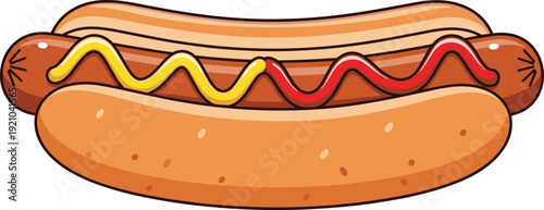 Cartoon hot dog with grill marks, sesame bun, mustard and ketchup topping, colorful fast food vector, tasty snack illustration