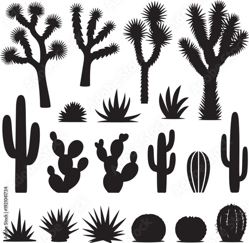 Big collection of black silhouettes of cacti, agaves, joshua tree, and prickly pear