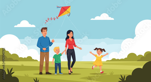 Family Flying Kite Together Outdoors.