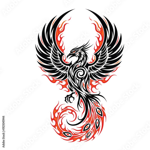 Dynamic tribal phoenix design with black and red flame accents and detailed wings.