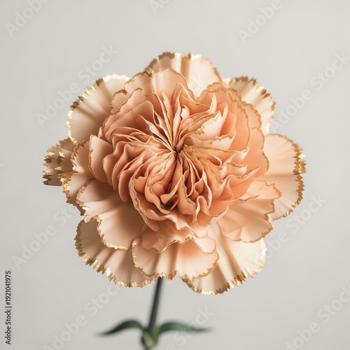 Close-up of a peach-colored carnation with gold edges on petals against a plain gray background.
