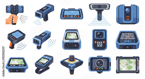 Handheld GPS Mapping and Digital Scanner Illustration Set, modern surveying technology, including handheld GPS devices with map screens, portable digital scanners emitting signal waves, and tripod 