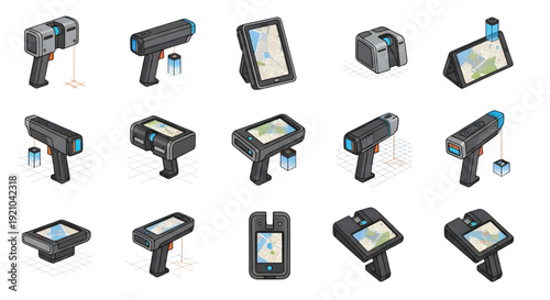 Isometric Handheld Scanners and Surveying Devices Set,  A set of isometric illustrations showing various handheld scanners and surveying devices with digital screens and laser beams